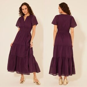 Bila77 Women’s Kelsey Maxi Dress Sleeveless Smocked Tiered V-Neck in Purple S